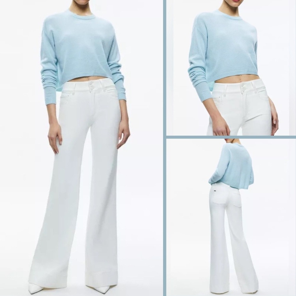ALICE + OLIVIA Sherrell Cashmere Crew Neck Pullover Sweater Size L Blue Cropped